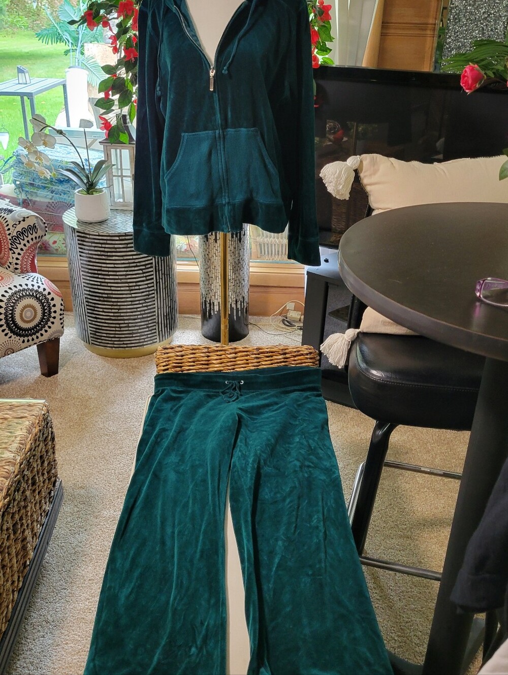 Velour Zip Hoodie & Wide Leg Lounge Pants - Green Set